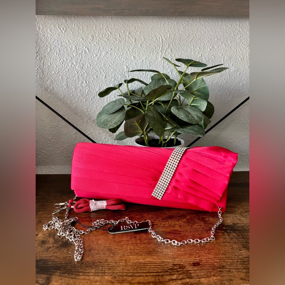 RSVP Red Clutch with Rhinestone Accent And Silver Tone Chain